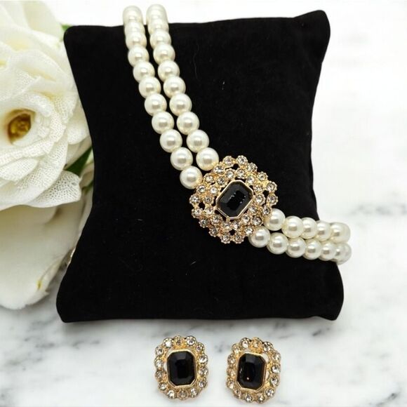 3pc Pearl Rhinestone Choker Necklace Earrings Matching Set Formal Wedding Prom - Picture 1 of 6